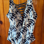 Tie Dye One Piece Swimsuit Criss Cross front Blue White Photo 0
