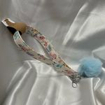 Handmade  Blue and Pink Floral Wristlet Keychain with Light Blue Pompom Photo 2