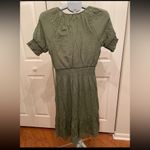 Luxology Olive Green Dress S Short Sleeve Tie Neck Smocked Waist Boho Casual Photo 3