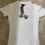 Pretty Little Thing XS  White Short Sleeve Tee with Black Cherry Design Photo 0