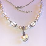 Silver Tone Genuine Pearls & Clear AB Beaded Boho Heart Pendant Necklace Photo 0