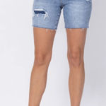 Judy Blue  Denim Patch Mid Length Shorts Size 2XL Photo 0