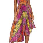 Milly  Women’s Irene Chain Pink Orange Pleated Floral Asymmetric Midi Dress 6 Photo 0