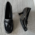 Franco Sarto Black Leather Contrast Seam Heeled Square Toe Tassel Loafer Sz 7.5 Photo 0