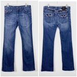 Miss Me  Dark Wash Low Rise Rhinestone Embellished Flap Pocket Bootcut Jeans Photo 1