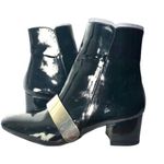 ZARA Black/Gold Patent Leather Side Zip Almond Toe Chunky Block Heel Ankle Boots Photo 3