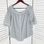14th & Union ‎ Striped Button Back Off The Shoulder Shirt Grey White Medium Photo 7