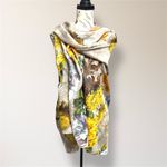 Kollie More Floral Print Long Scarf Wrap Shawl Tan Yellow Green Boho Art to Wear Brown Photo 2