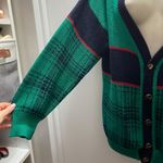 Vintage Preppy Green & Navy Plaid Knit Cardigan Photo 11