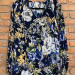 Chico's Primavera Floral Blouse Womens Size Large Navy Long Sleeve V-Neck Top Photo 0
