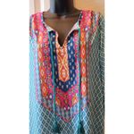 Urban Coco  Womens Dress Sz Large Blue Green Geometric Ruched Sleeves Peasant Photo 1