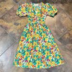 Pink Martini NWT Multicolor Floral V-neck Puff Sleeved Midi Dress Photo 3