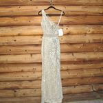 Mac Duggal 5687 SEQUINED ONE SHOULDER DRAPED LACE UP GOWN NWT Nude Silver 4 Photo 5