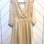 Minuet Women’s Medium Taupe Chiffon Pleated Long Sleeve V-neck Beaded Mini Dress Photo 1