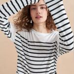 LA LIGNE NYC White Navy Stripe Viscose Silk Teddy Tee Blue Photo 2