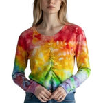 CAbi Large Top Handmade Tie Dye Rainbow Ruched Front Long Sleeve Thermal 1758 Photo 0