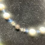 Handmade Vintage Plastic Bead Necklace Silver Flower Pendant Blue Center Magnet Clasp 16” Photo 2