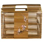 Vintage Bamboo Folding Packable Hand painted Cherry Blossom Floral Flower Purse Brown Photo 6