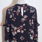 Lily White  Black Floral Blouse with Lace Accent Size Medium Black Floral Top Photo 5