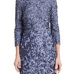 Theia Slate Blue Petal Appliqué boat neck Long sleeve floor Length Formal gown 6 Photo 4