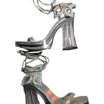Vtg Y2K Soda Silver Holographic Flower Applique Chunky Clear Heel Sandals Sz 8.5 Photo 0