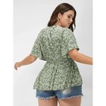 Bloomchic  Floral Flutter Sleeve Elastic Waist Blouse V Neck Green 28 Photo 1