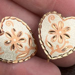 Vintage Copper Heart Floral Screwback Earrings Handcrafted Orange Photo 0