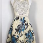 Free People  Dreamy Blue Floral Patchwork Dress Cream Appliqué Beaded Bodice XS Photo 0
