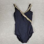 Roxanne One Piece Swimsuit Womens 38DD Black V Neck Gold Animal Print Trim NEW Size L Photo 2