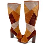 Frye Claude Leather Knee High Heeled Boots Patchwork Retro Earth Tone Tan Size 6 Photo 0