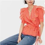 J.Crew Shirt Womens XS Pink Orange Gingham Wrap Ruffle Tie Waist Peplum AW940 Photo 0
