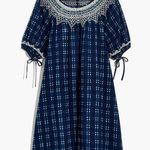 Madewell Embroidered Puff short Sleeve Babydoll Dress Indigo Plaid navy pockets Photo 0