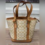 Coach RARE Vintage Woven Bucket Nuetral Vachetta Leather Monogram HandBag Purse Photo 2
