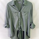 Ci Sono OLIVE GREEN BUTTON UP TOP BLOUSE POCKETS TIE FRONT — MEDIUM — LIKE NEW Photo 0