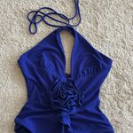 ZARA New Ruffle Halter Tie Neck Bodysuit with Flower Royal Blue Size S Photo 2