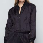 Good American  Medium Pleated Satin Bomber Jacket Black Sheer Streetwear NWT Photo 0