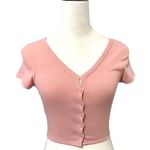 Better Be Crop Sweater Top Ribbed Knit Button-Down Short Sleeve Taupe Pink W S Photo 0