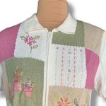Vintage 90s Embroidered Cardigan Oatmeal Patchwork Light Pink Floral Knit Zipper Size M Photo 1