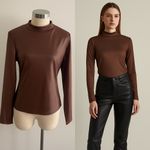 Brown Satin Mock Neck Long Sleeve Top Women’s XL Minimalist Fall Outfit Photo 6