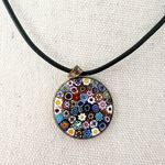 Italian Glass Millefiori Round Pendant Silver Rim Black Leather Strap Necklace Photo 3