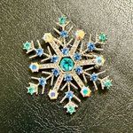 Snowflake Brooch Silver Tone Blue and Clear Crystals New Photo 2