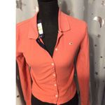 New NWT Tommy Jeans Core Ribbed Long Sleeve Polo Shirt Button Front S Pink Photo 2