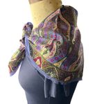 Oscar de la Renta Purple Wool Printed Sparkly Scarf fringe edges 30in Vintage Photo 8