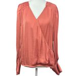 NEW Calligraphie Womens Coral Wrap Blouse Size L Long Sleeves Satin Crepe Boho Orange Size L Photo 1