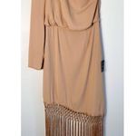 Lulus Lulu’s Love at Dusk Tan One-Shoulder Asymmetrical Fringe Midi Dress Medium NWT Photo 2