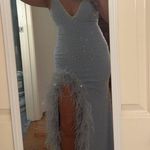 Jovani Blue Feathered Prom Dress Photo 7