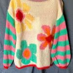Gold & Silver: Pink & Green Crew Neck Floral Design Sweater Photo 0