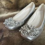 Etienne Aigner  Silver Leather Ballet Flats With Floral Embellishments Photo 1