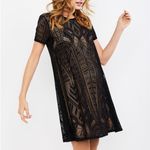 BCBGMAXAZRIA Black and Nude Short Sleeve Lace A-Line Shift Maternity Dress Sz L Photo 2