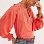 Free People Coral Orange Crochet Siesta Fiesta Embroidered Long Sleeve Top Photo 1